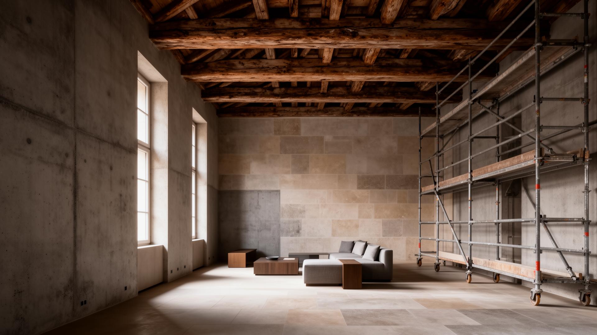 Sanierte Altbauräume mit Sichtbeton, Holzbalken und Baugerüst